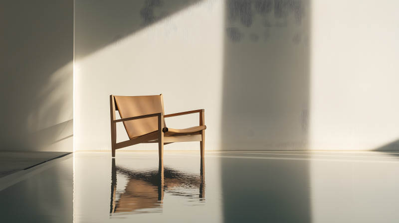 暖光下简约室内的木质单人座椅图片