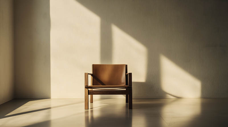 暖光下简约室内的木质单人座椅图片