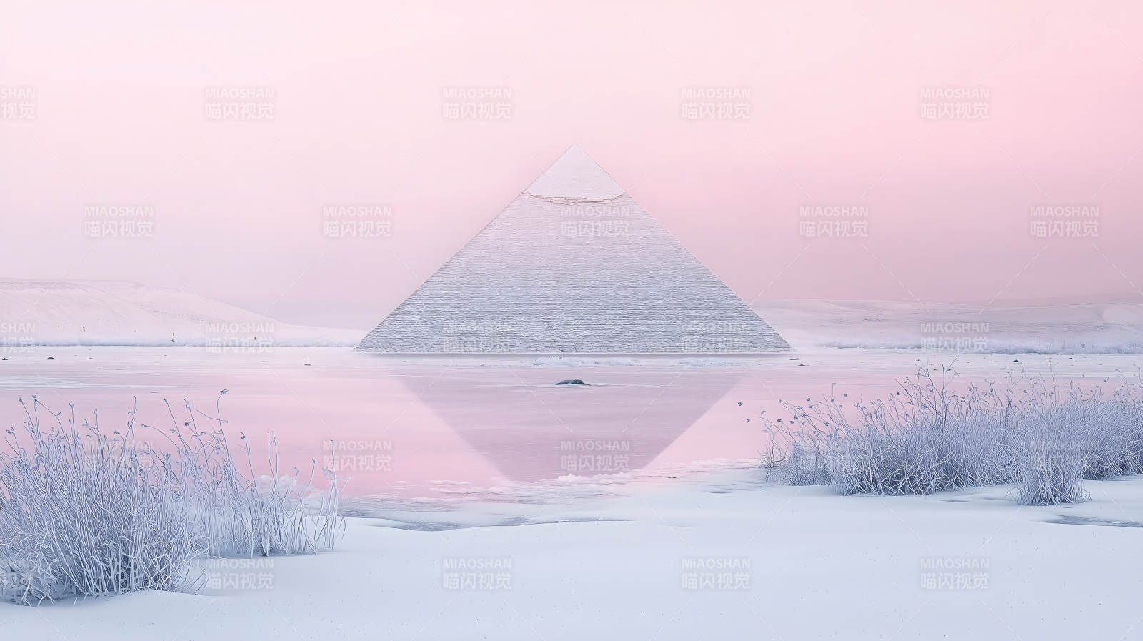 雪地上空粉色渐变金字塔的梦幻景象图片