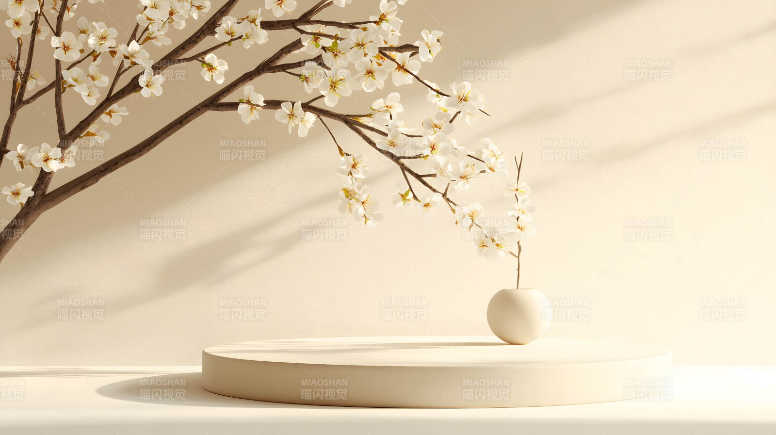 米白色背景中带白色花枝的圆形展台图片
