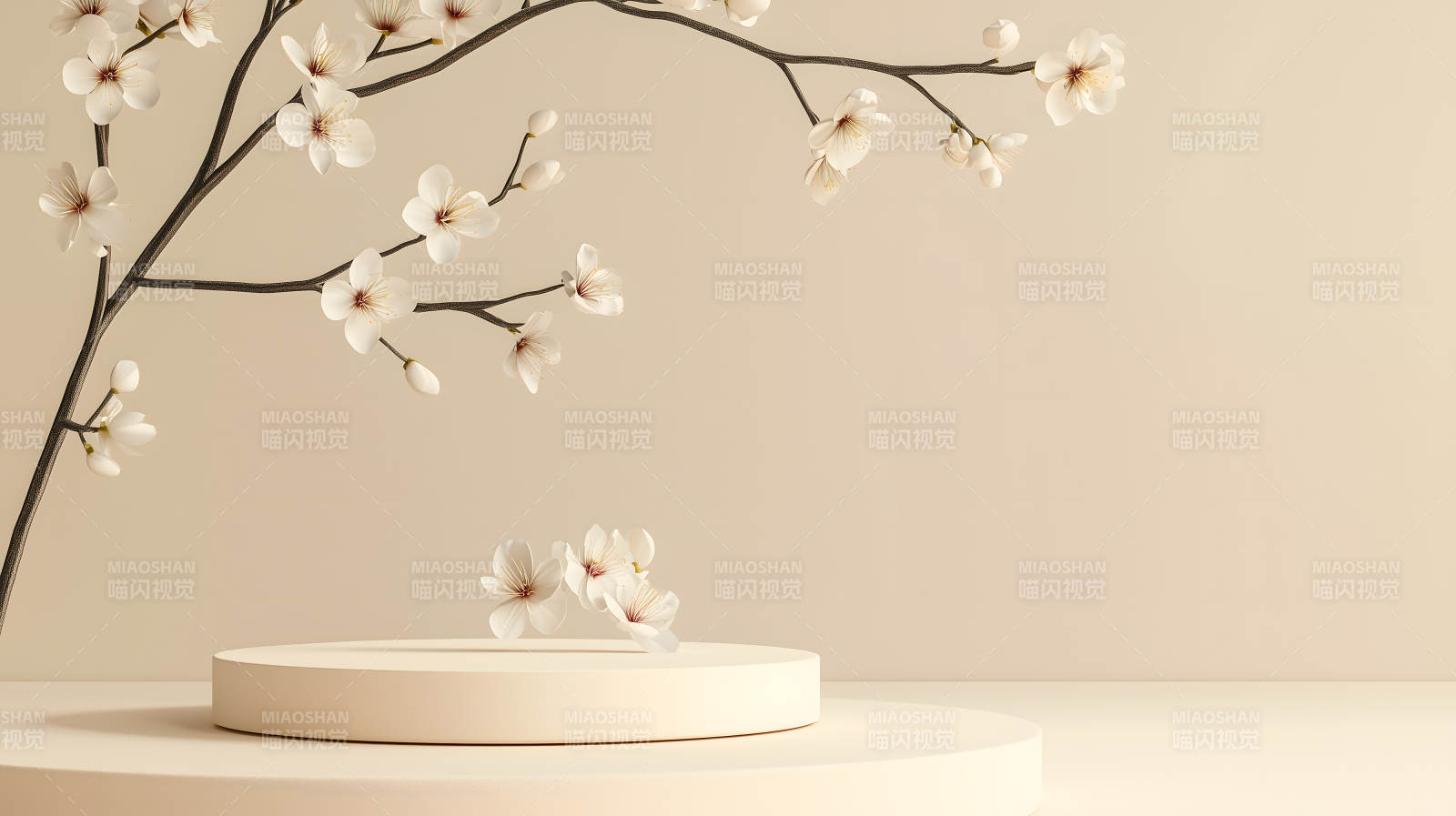 米白色背景中带白色花枝的圆形展台图片