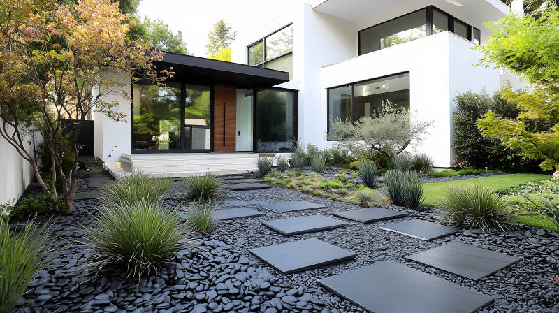 现代黑建筑搭配绿篱草坪的户外景致图片