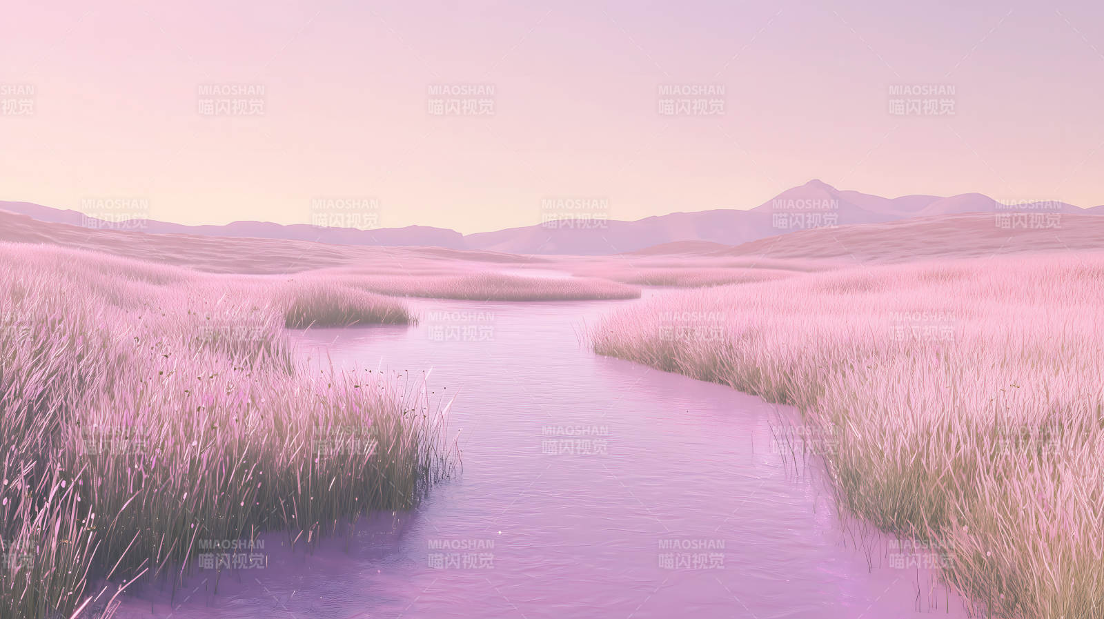 粉草地溪流景图片