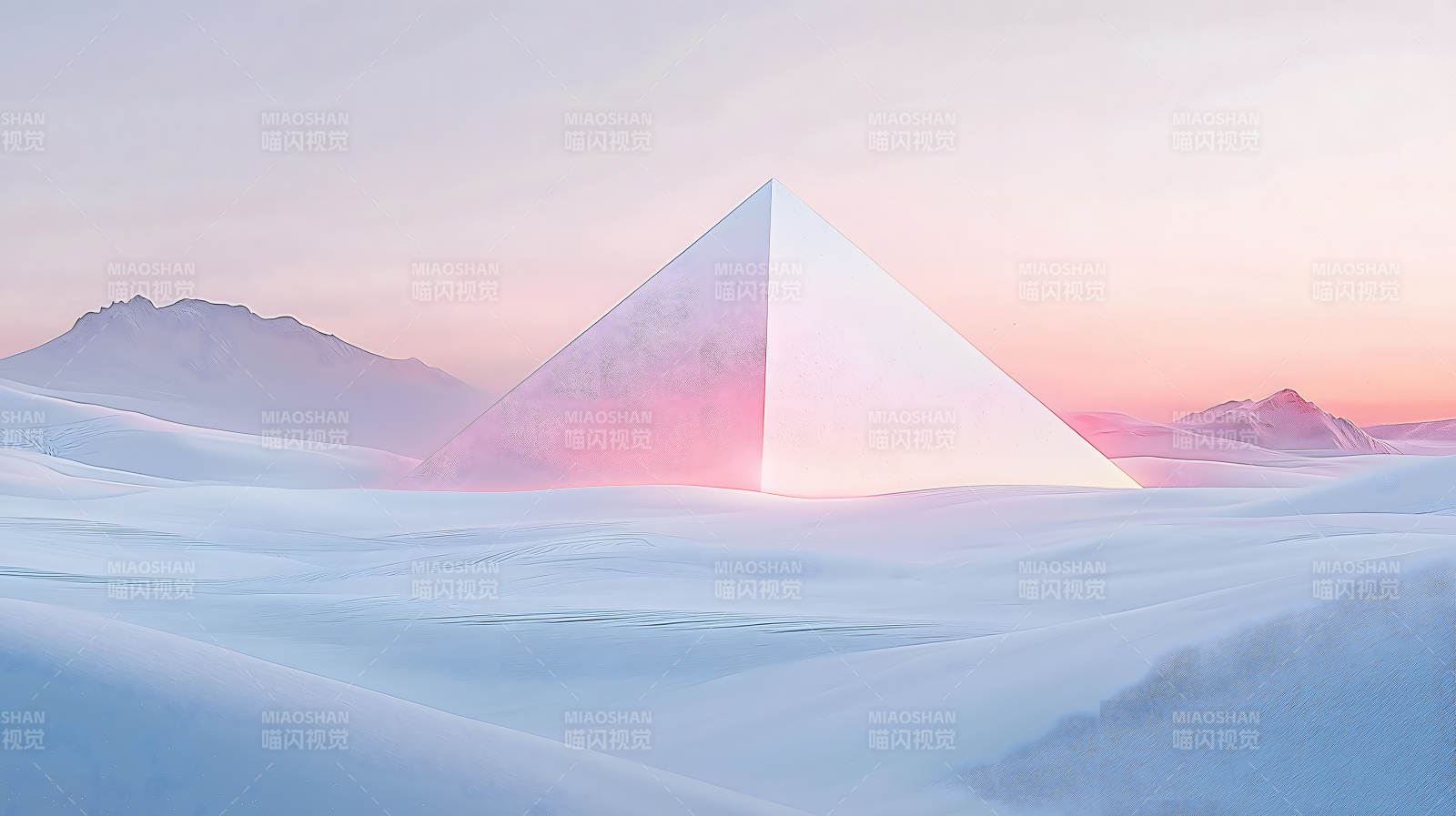 雪地上空粉色渐变金字塔的梦幻景象图片