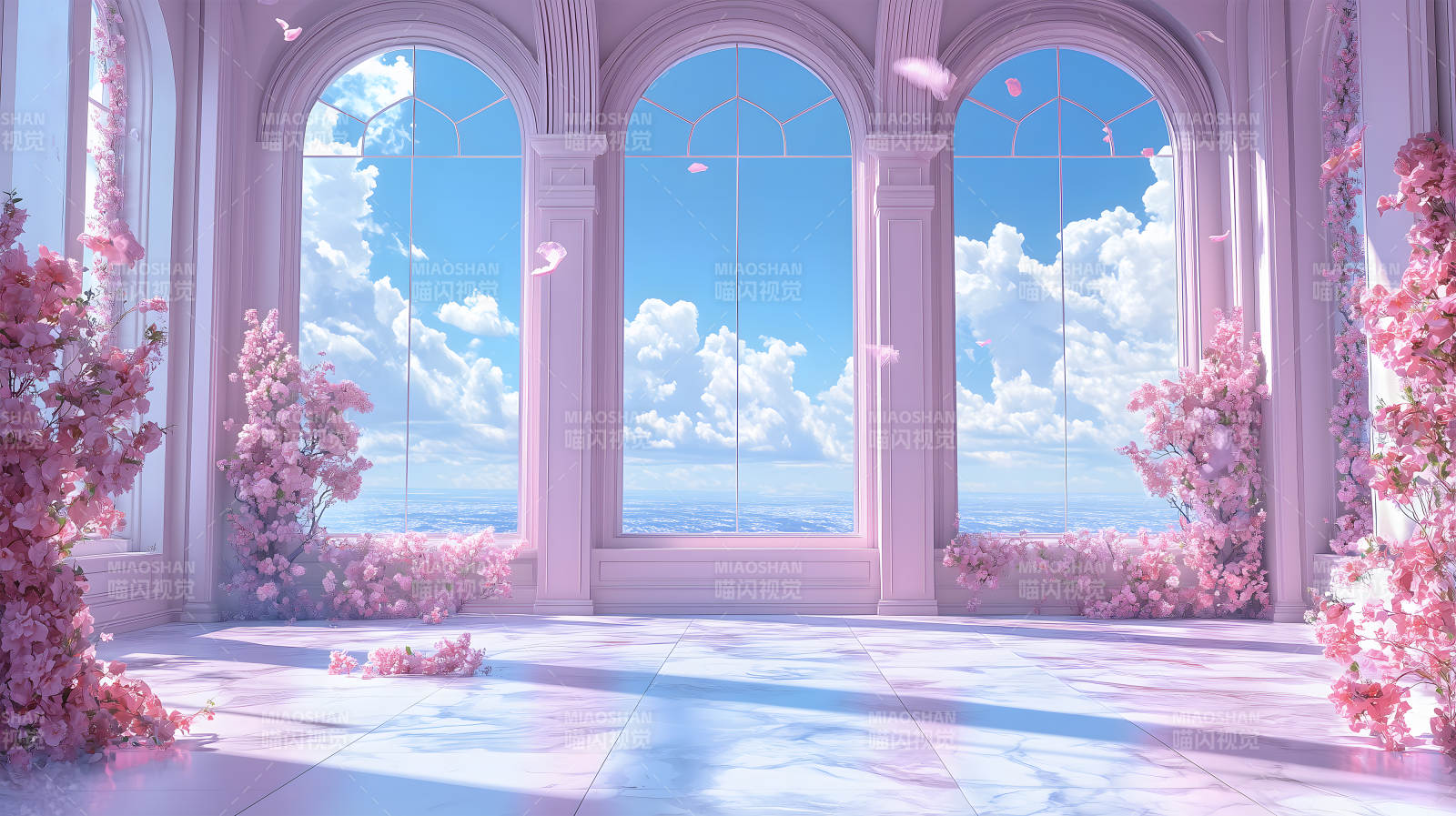 粉色调室内拱窗映天图片