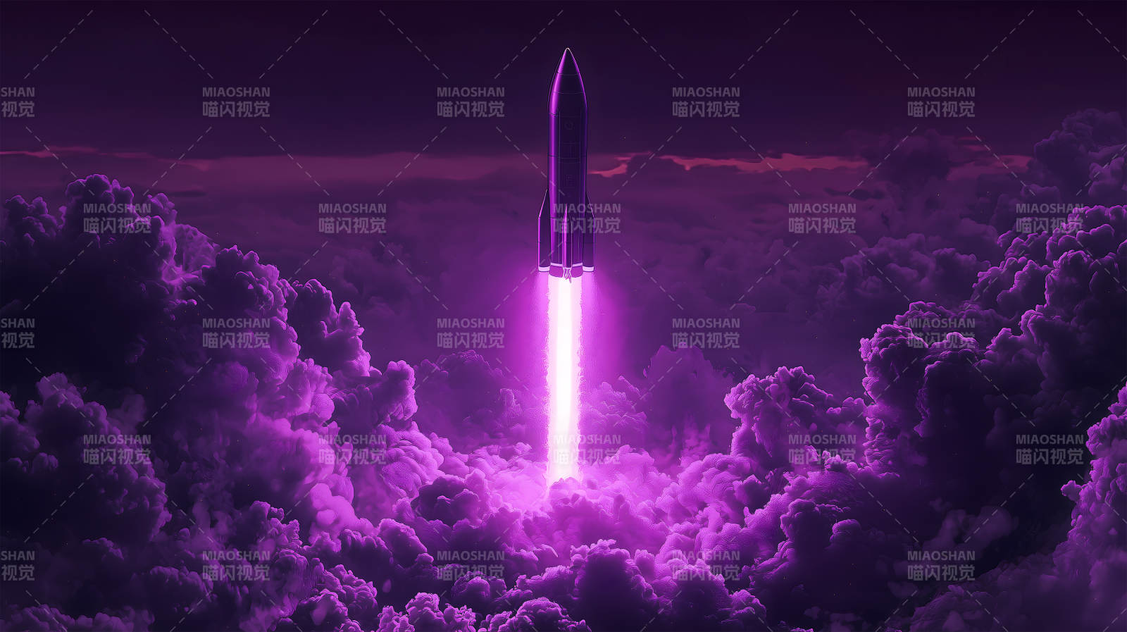 紫色云雾中火箭发射升空的震撼场景图片