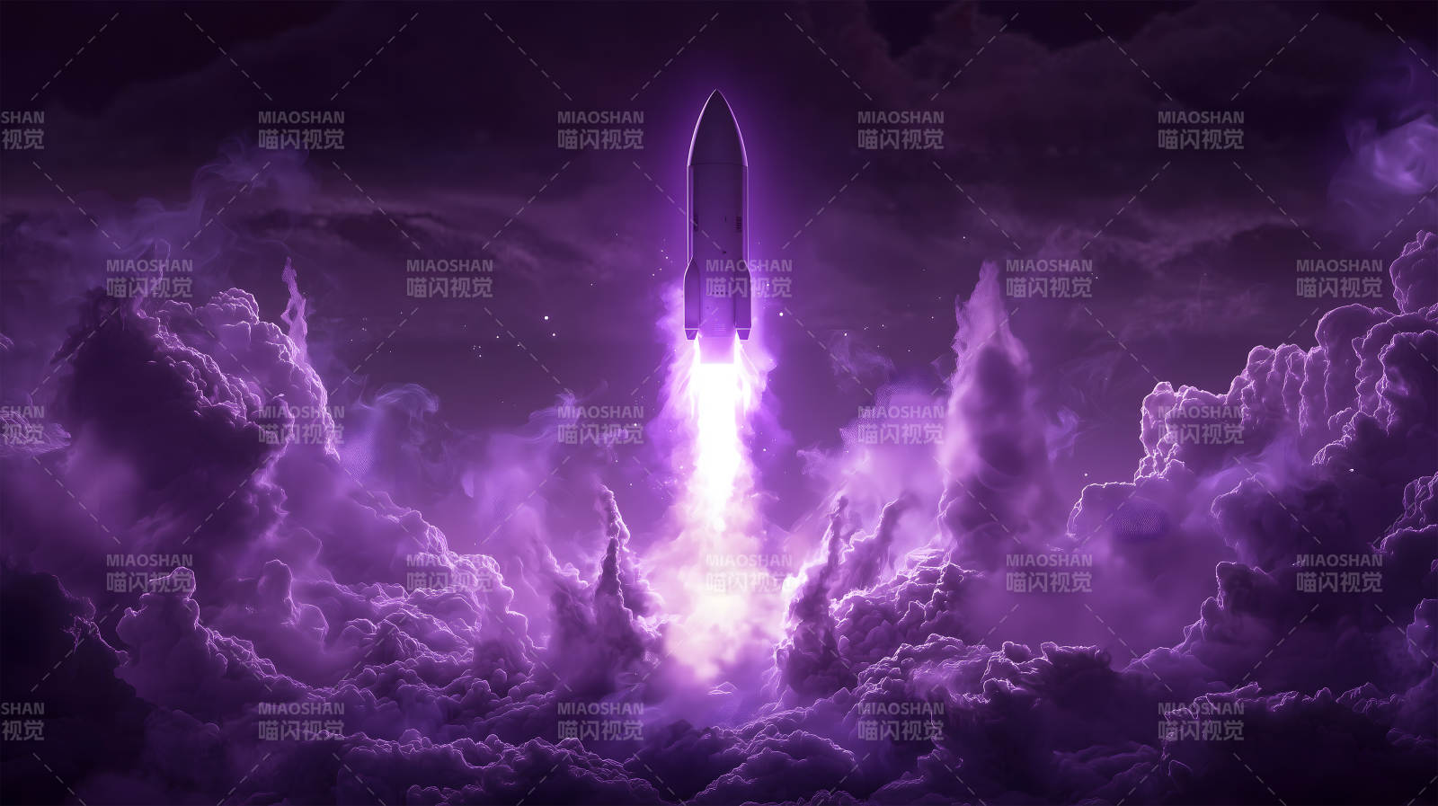 紫色云雾中火箭发射升空的震撼场景图片