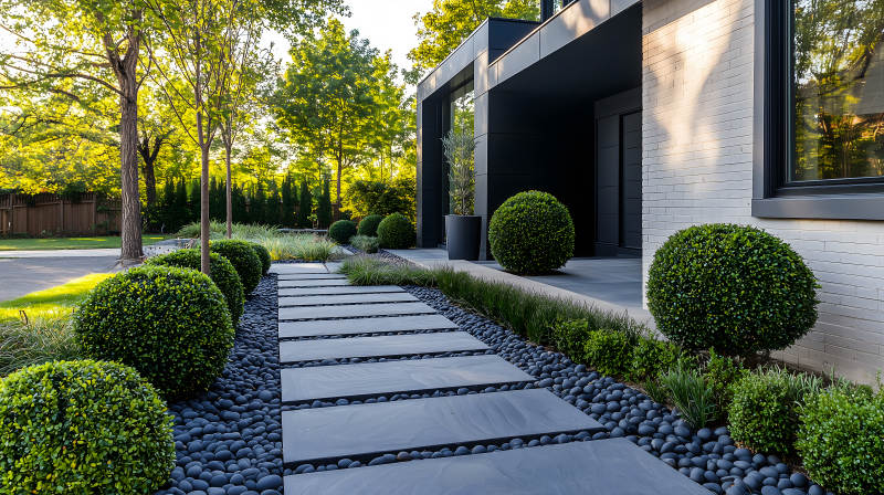 现代黑建筑搭配绿篱草坪的户外景致图片