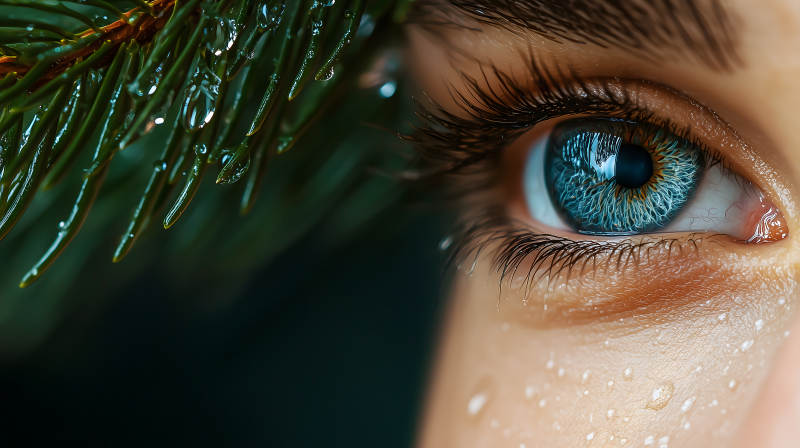 带水珠的松枝旁的蓝绿色眼眸特写图片