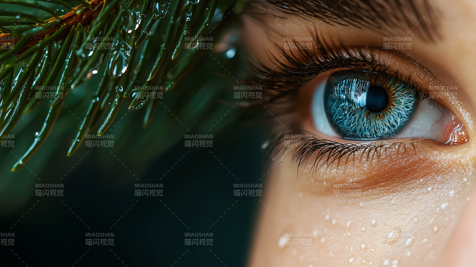 带水珠的松枝旁的蓝绿色眼眸特写图片