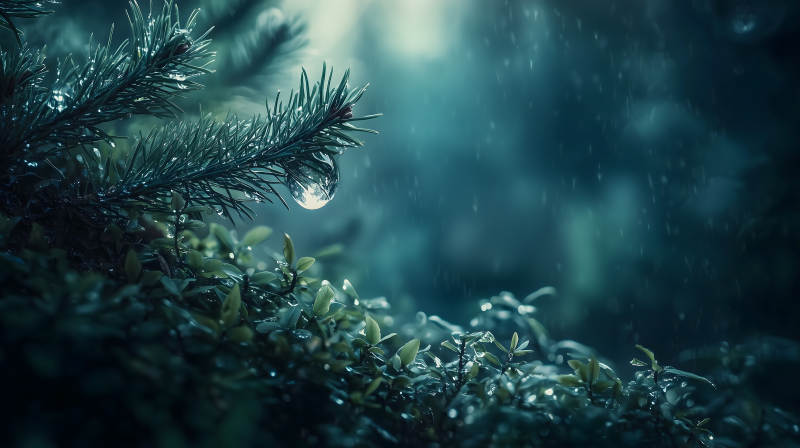 雨中挂着水珠的深绿色松树枝画面图片