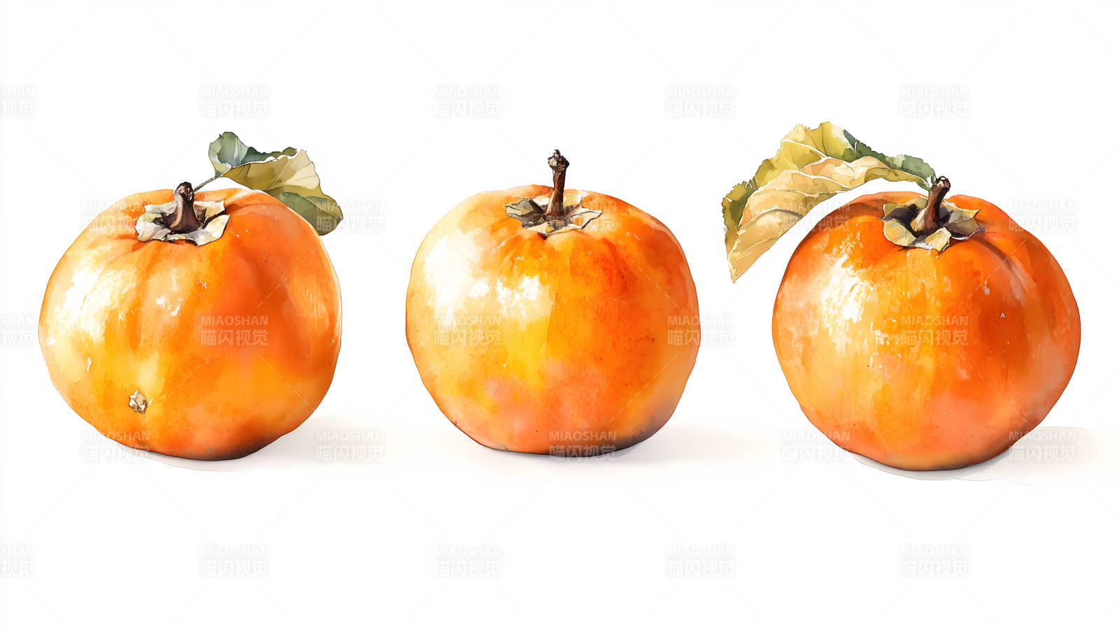 带叶的橙色柿子于白色背景上图片