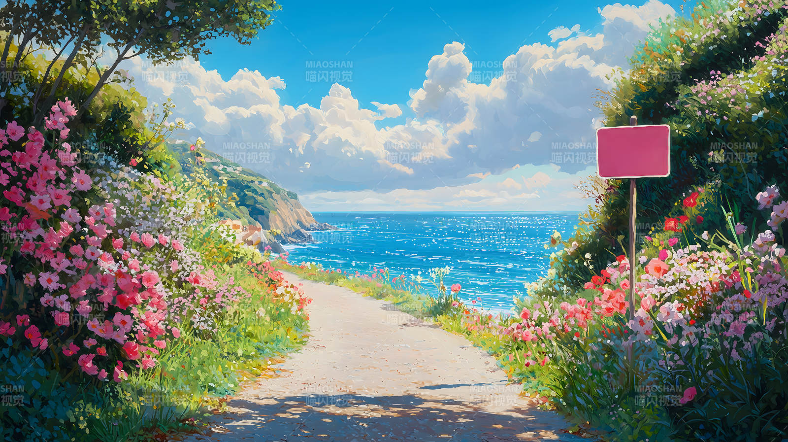 粉花夹道远望海景梦幻之路图片