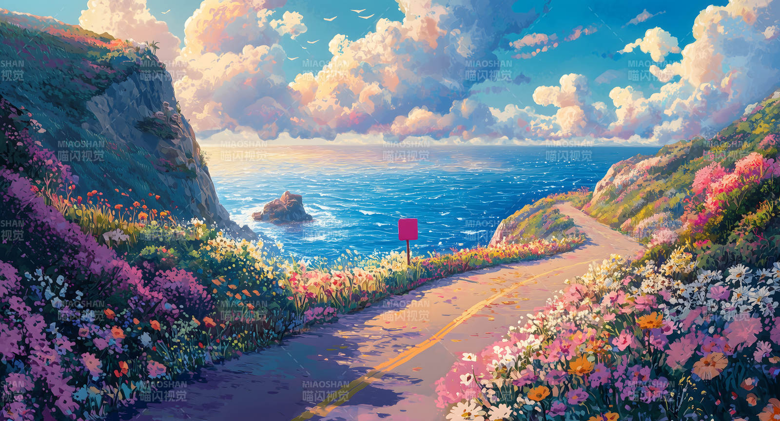 粉花夹道远望海景梦幻之路图片