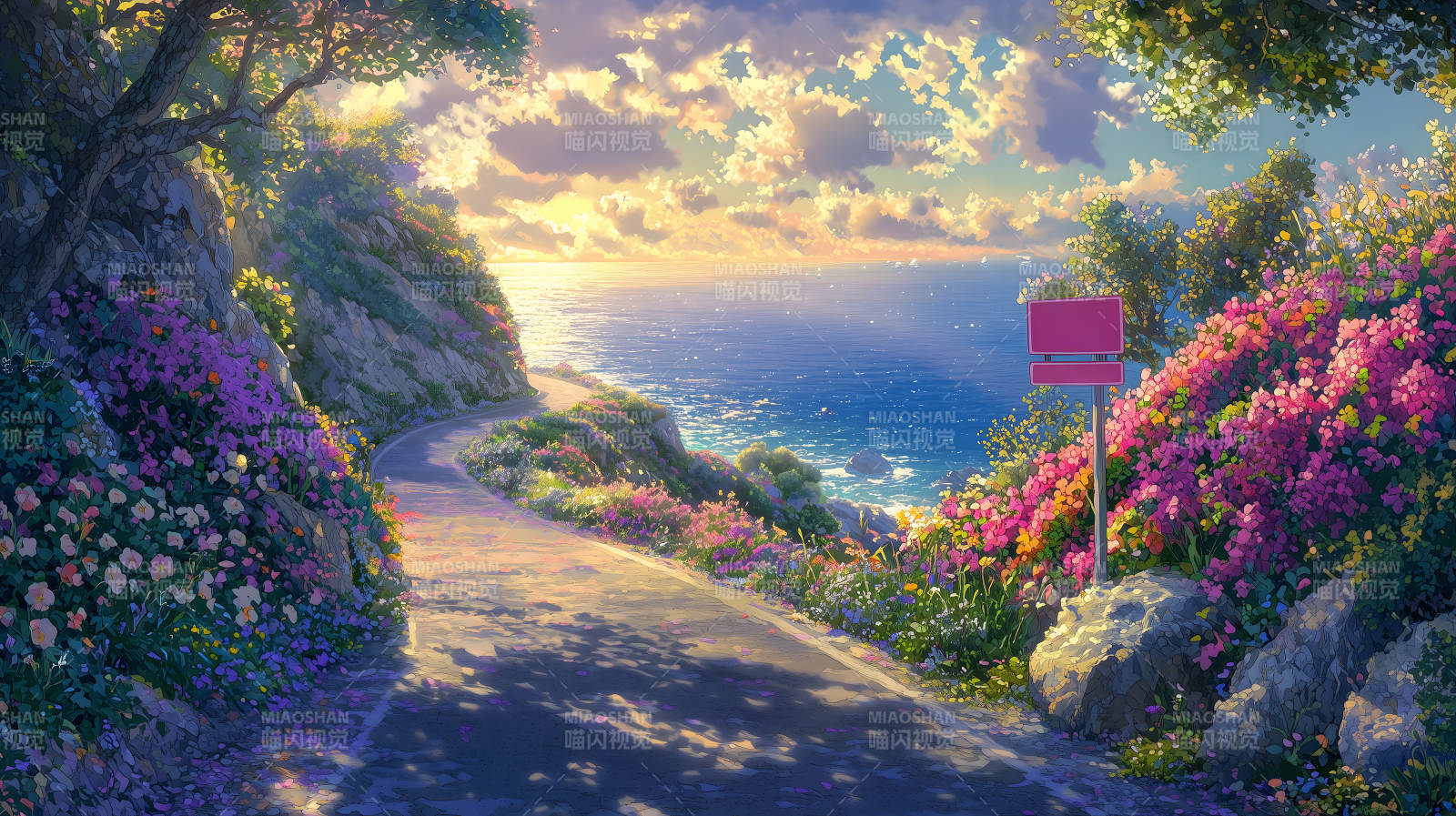 粉花夹道远望海景梦幻之路图片