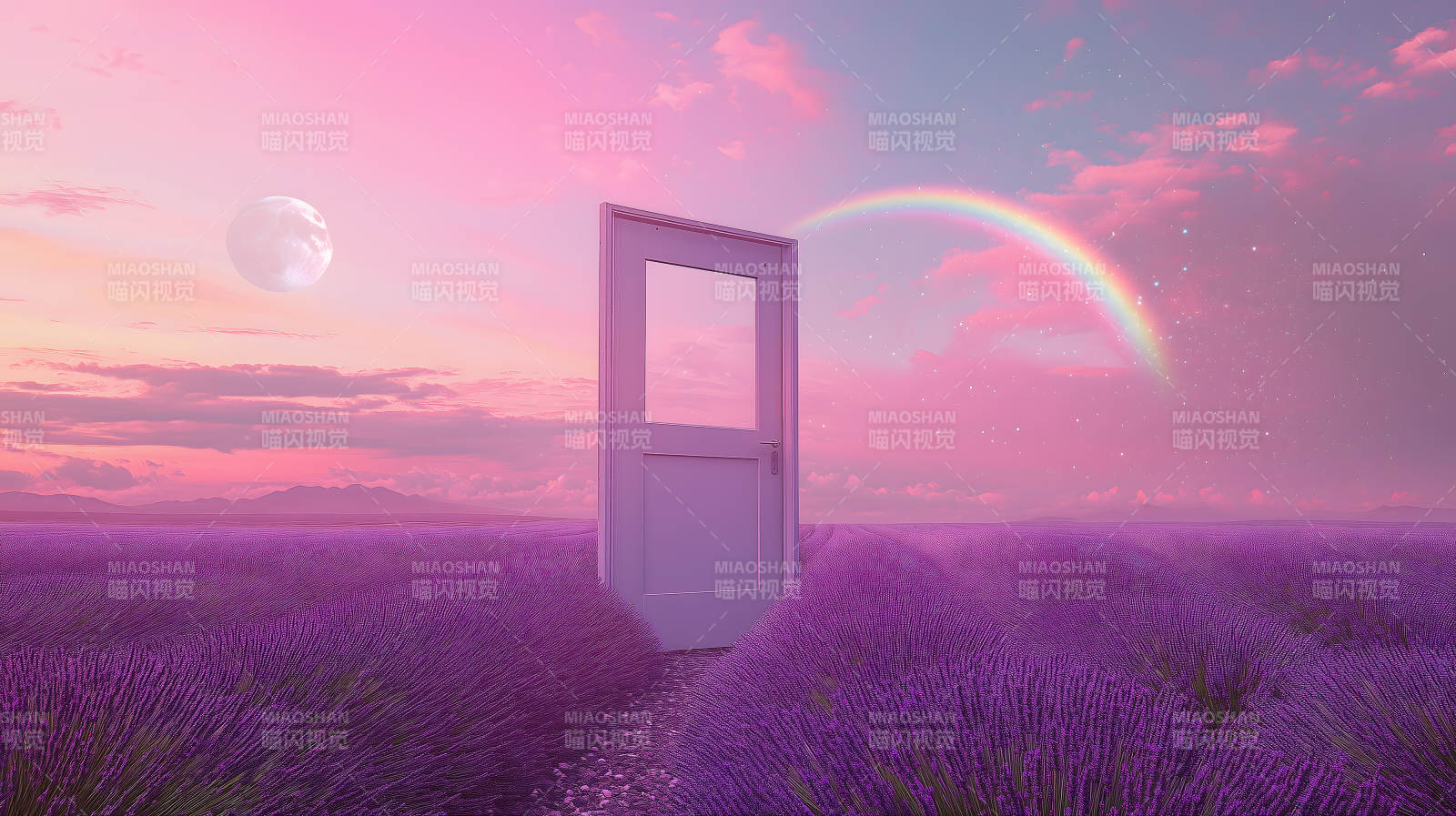 梦幻门后薰衣草田彩虹星空映图片