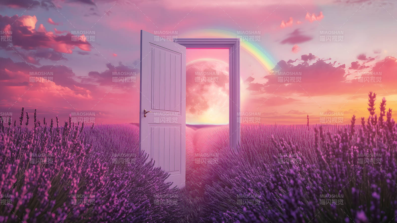 梦幻门后薰衣草田彩虹星空映图片