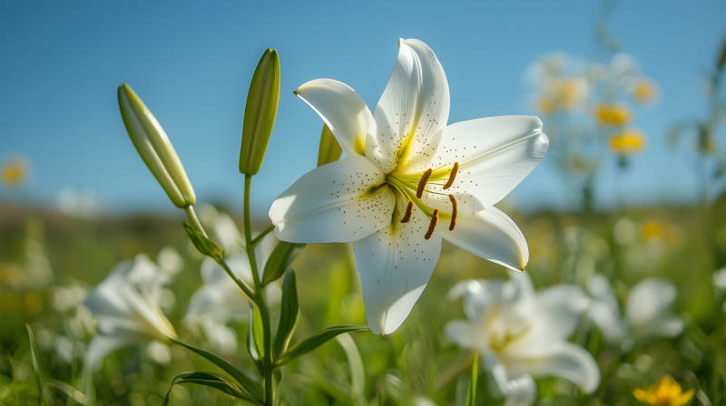 蓝天绿草百合花图片
