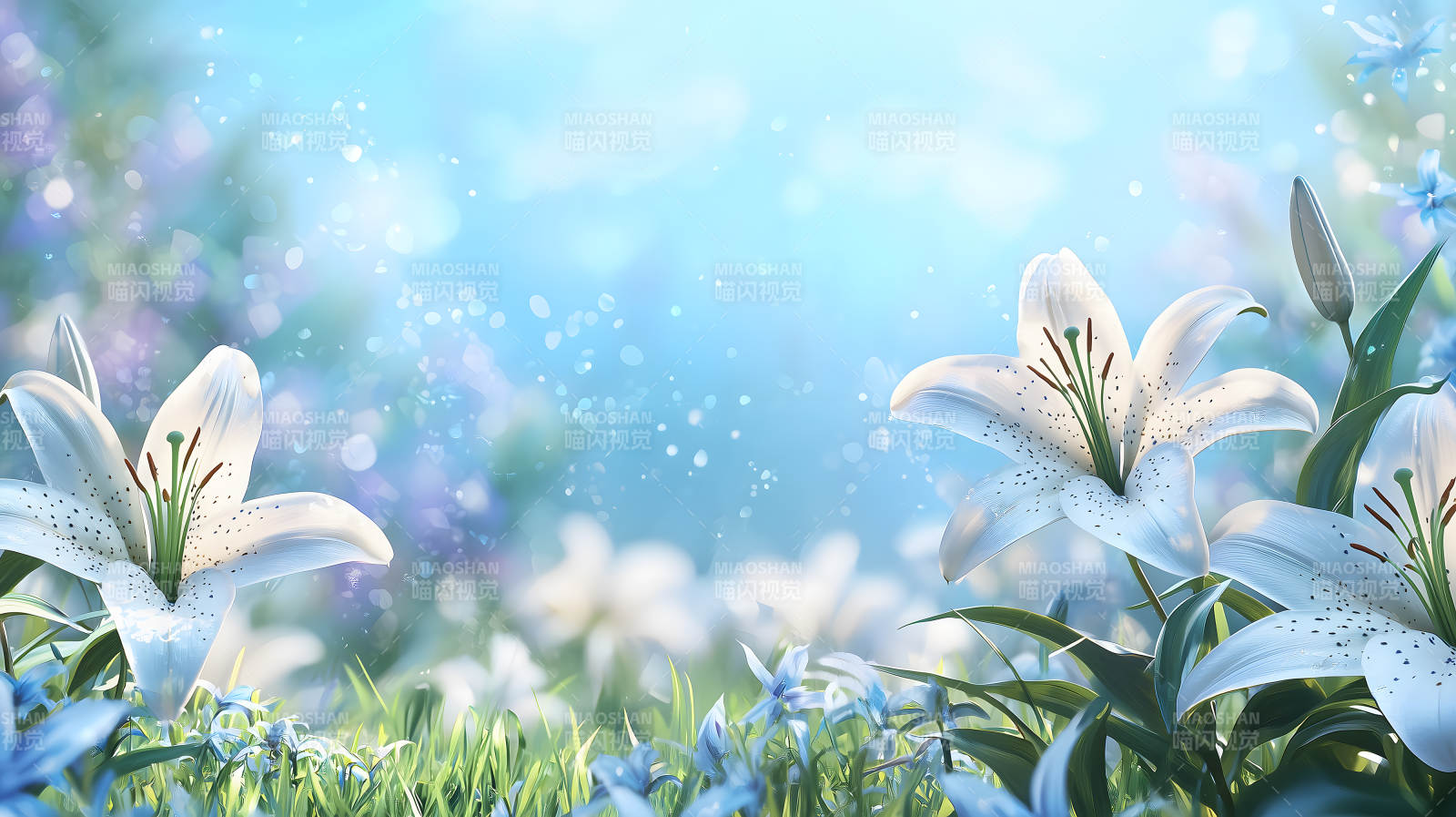 蓝天绿草百合花图片