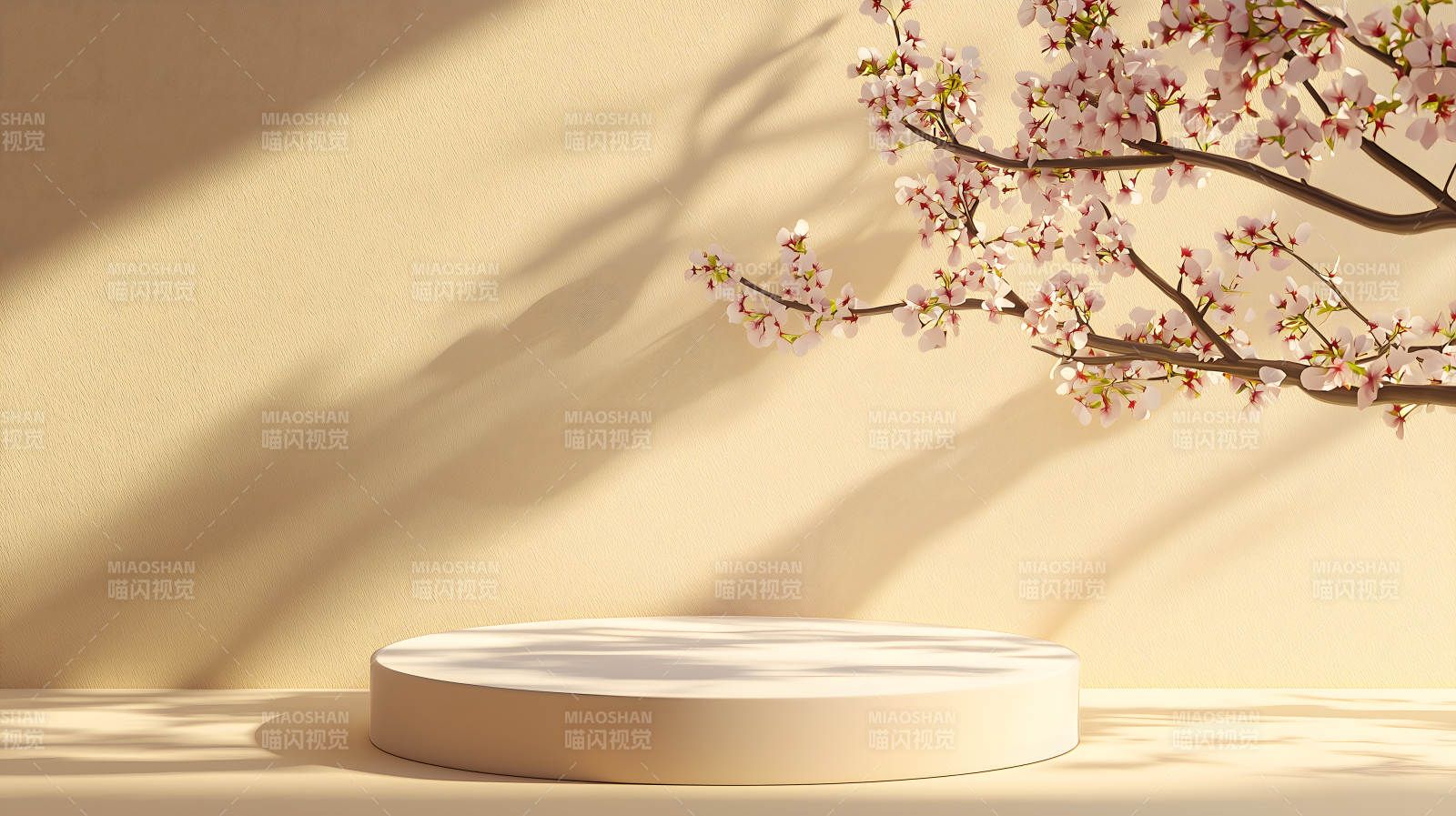 米白色背景中带白色花枝的圆形展台图片