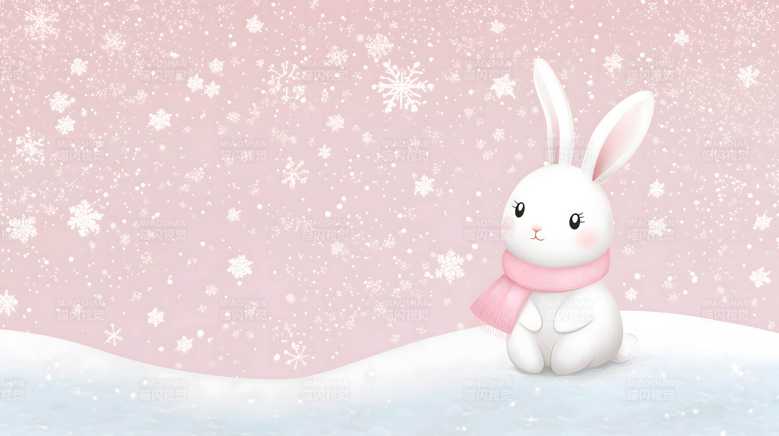 雪中戴着粉色围巾的可爱白兔形象图片