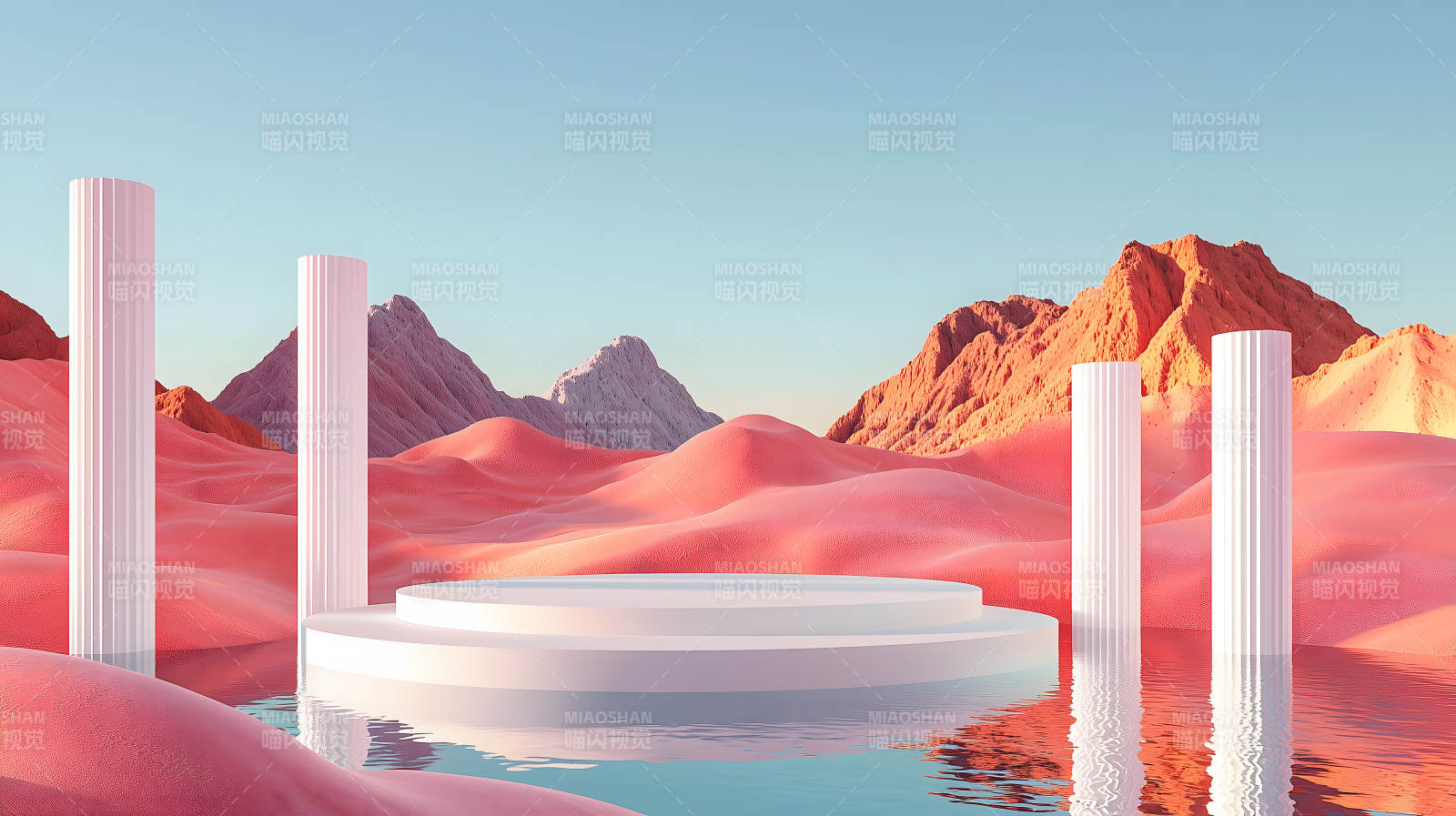 粉蓝山水间的白色双层圆形展示台图片
