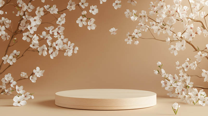米色背景配白色花枝的木质圆形展台图片