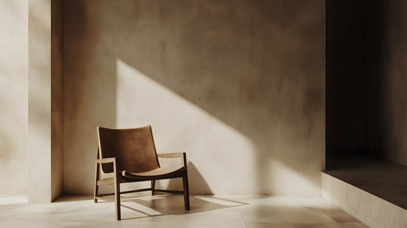 暖光下简约室内的木质单人座椅图片