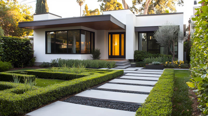 现代黑建筑搭配绿篱草坪的户外景致图片