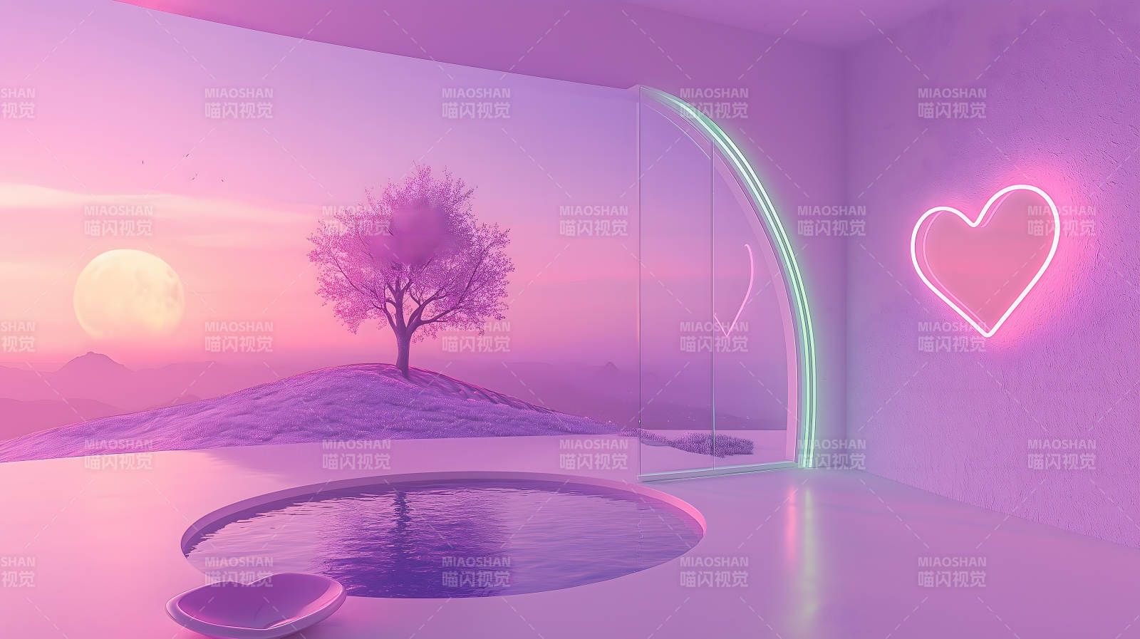 圆框树影水景图片