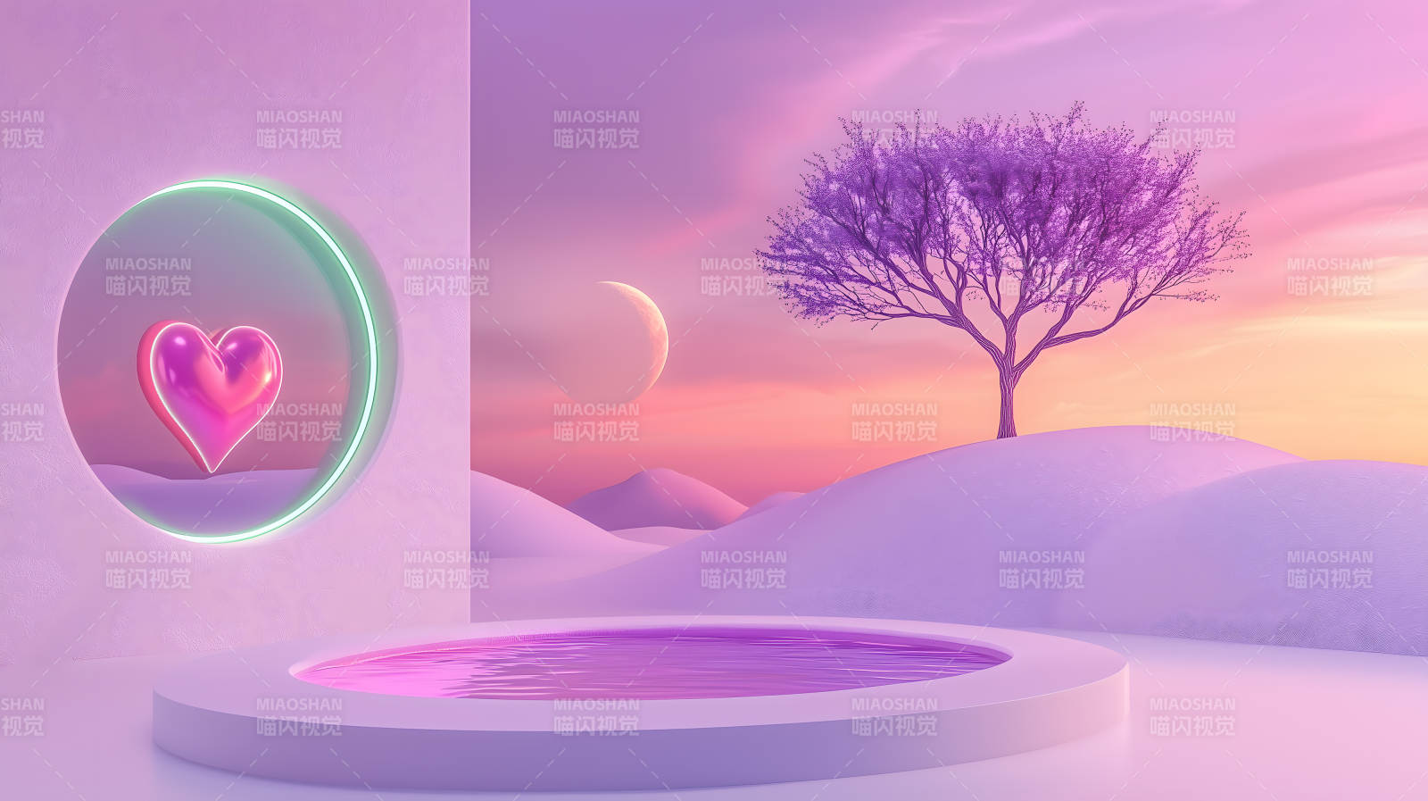 圆框树影水景图片