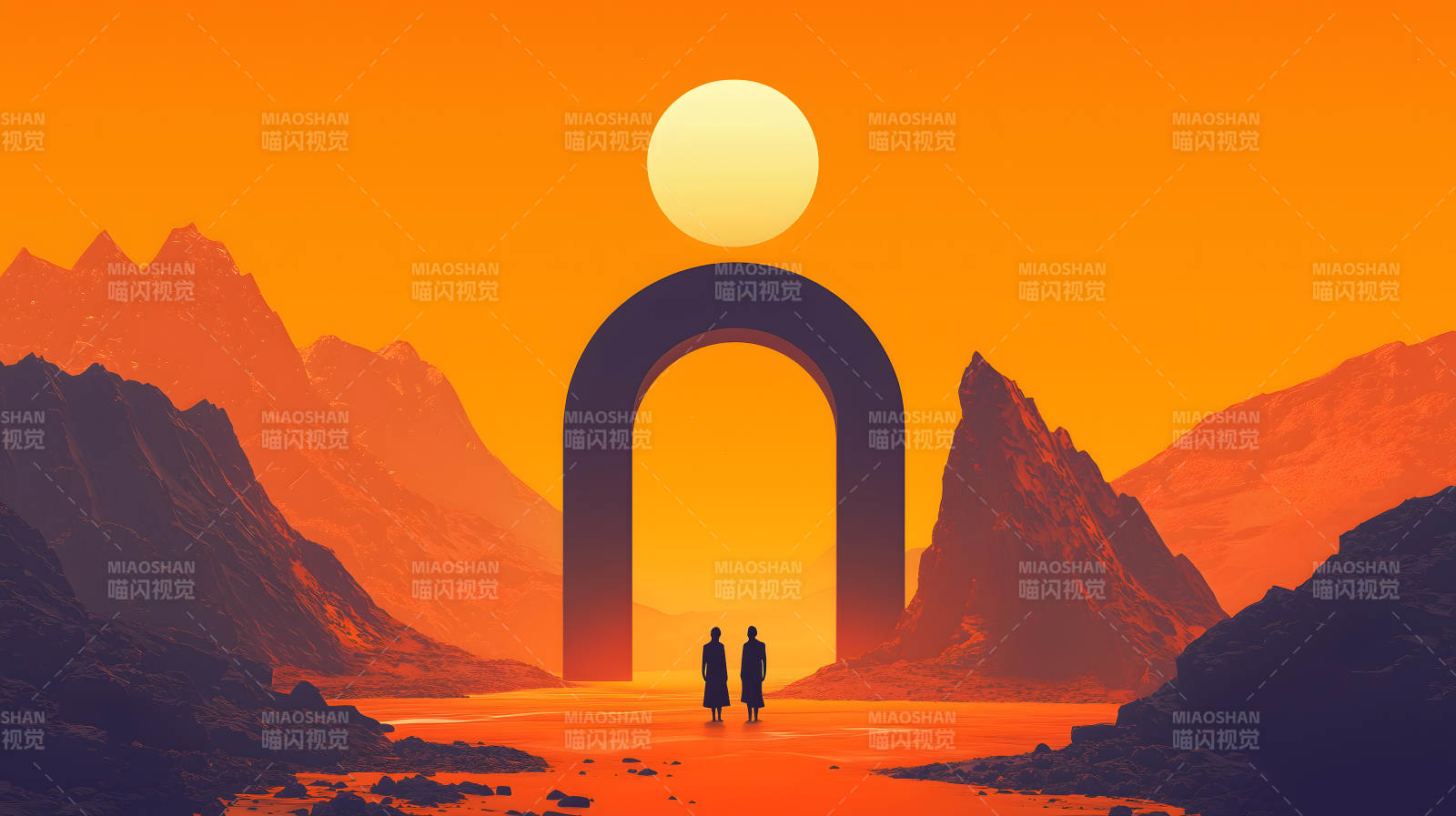 沙漠橙门人影凝视远方美景图片