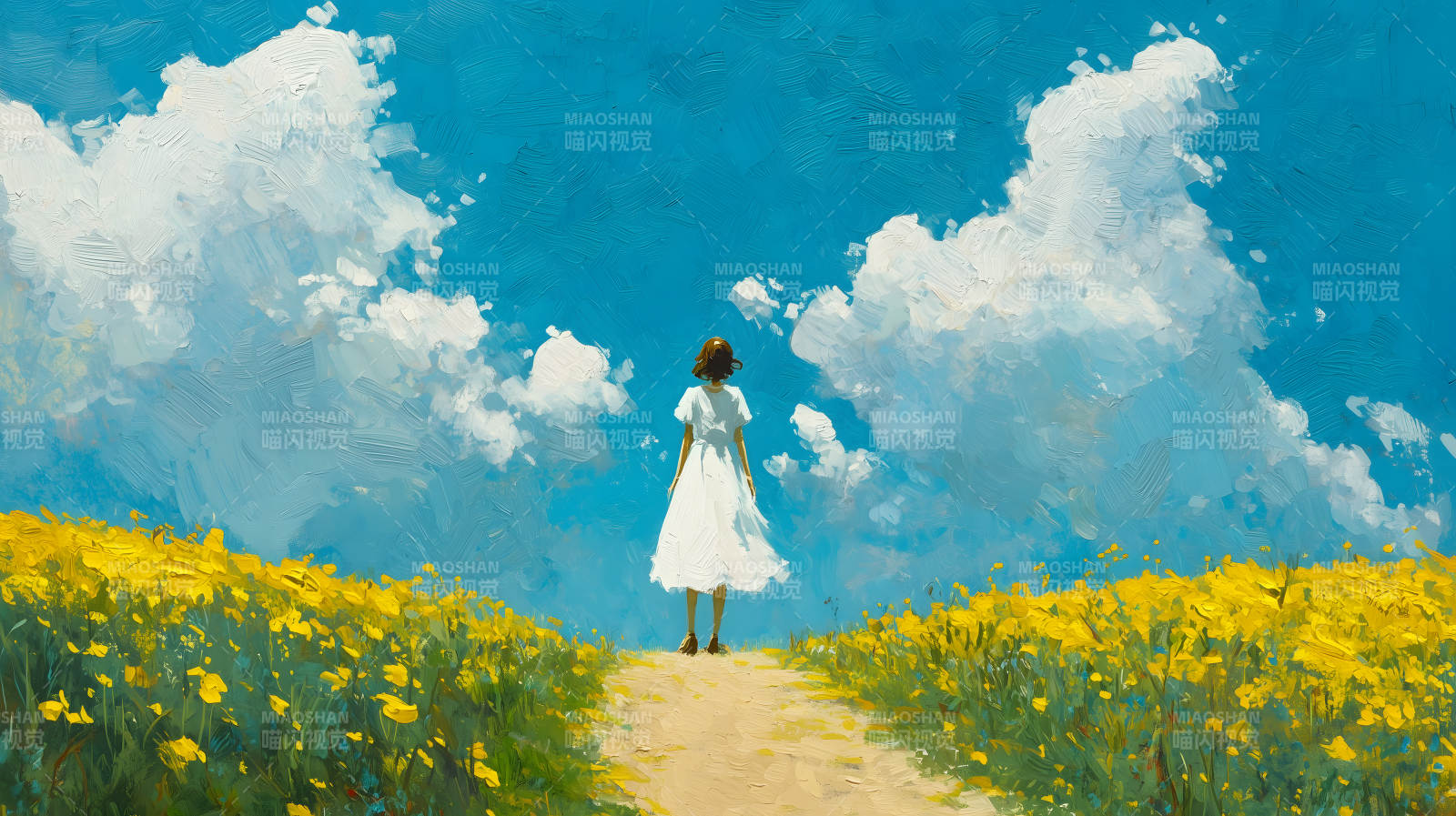 女孩背立小路油菜花香醉蓝天图片