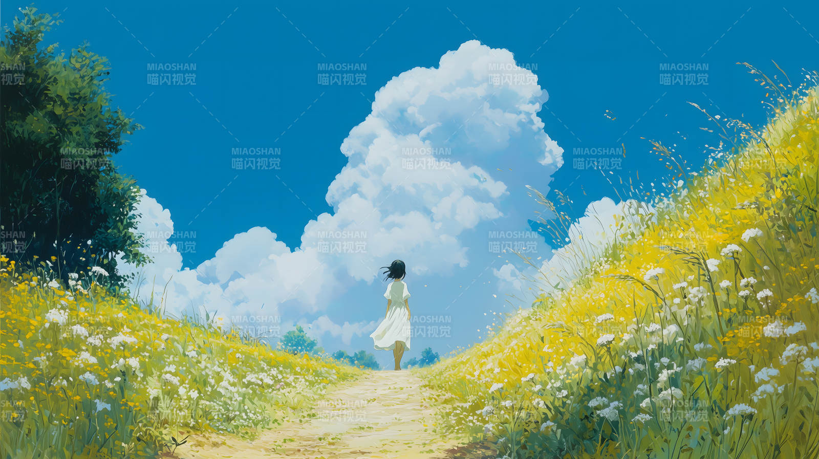 女孩背立小路油菜花香醉蓝天图片