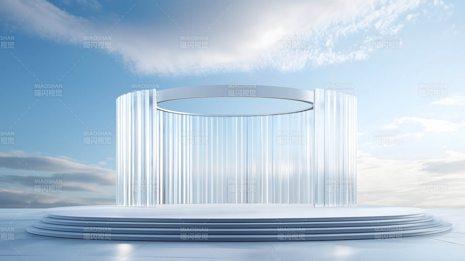 白色竖条纹空间内的圆形白色展示台图片