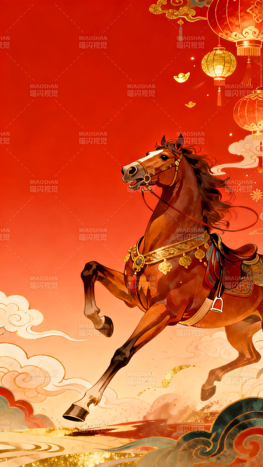 2026年马年国潮插画骏马奔腾迎新春图片