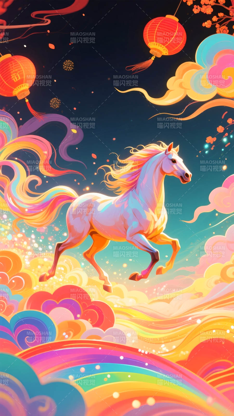 2026年马年国潮插画彩云奔马图图片