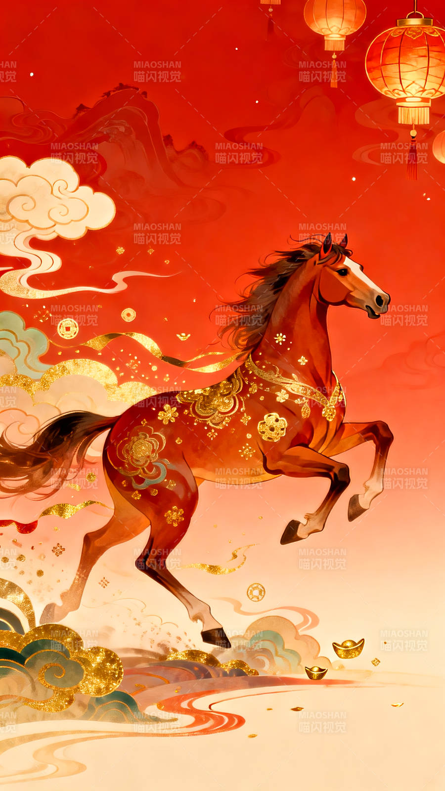 2026年马年国潮插画骏马奔腾迎新春图片