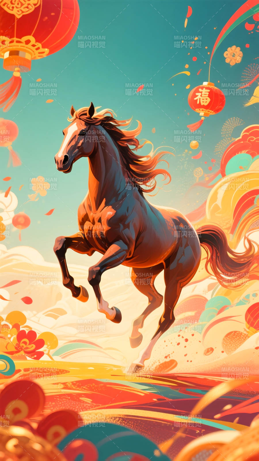 2026年马年国潮插画骏马奔腾迎新春图片