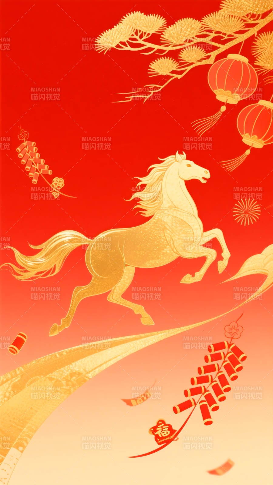 2026年马年国潮插画金马奔腾迎新春图片