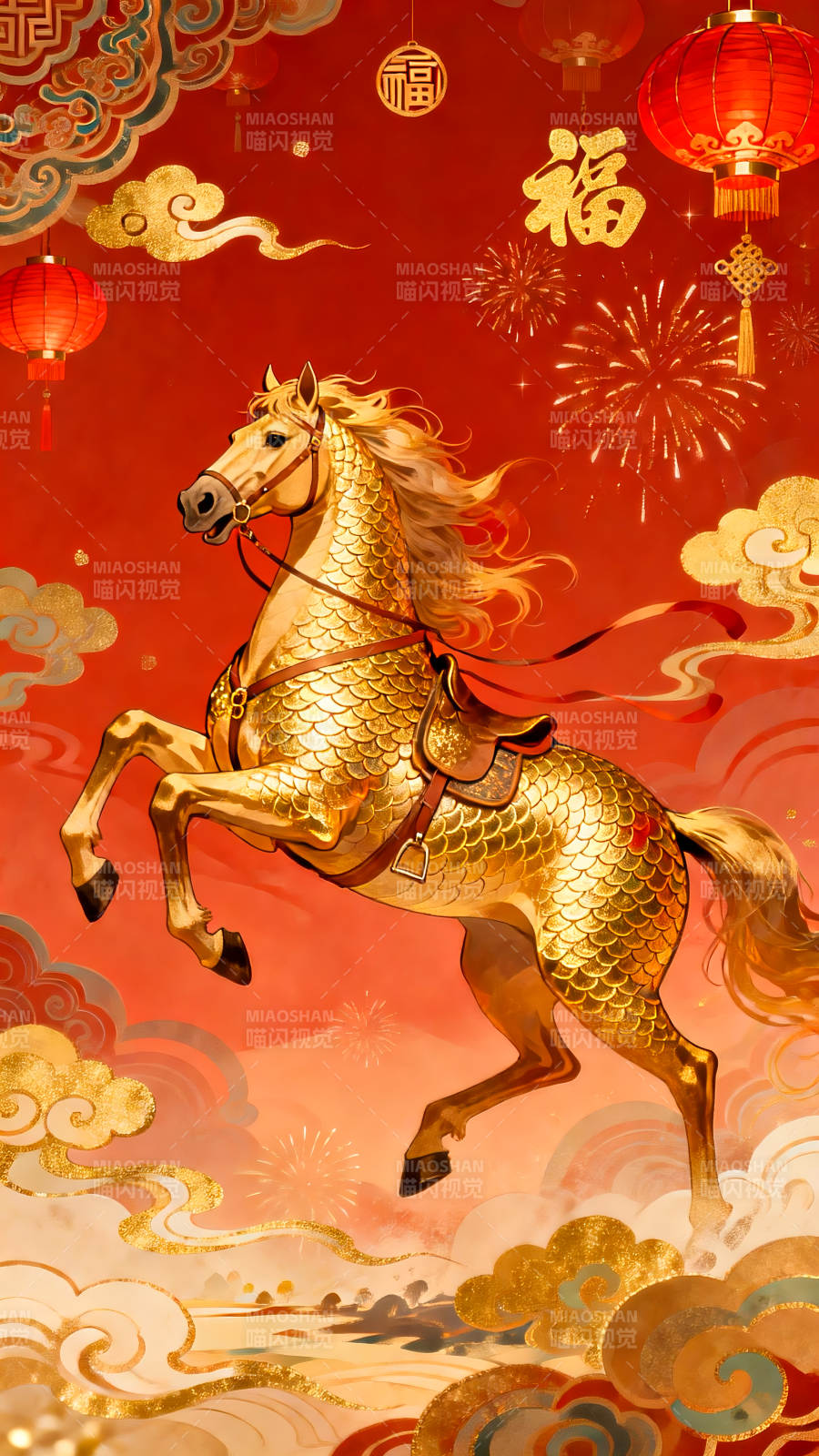 2026年马年国潮插画金马腾云迎新春图片