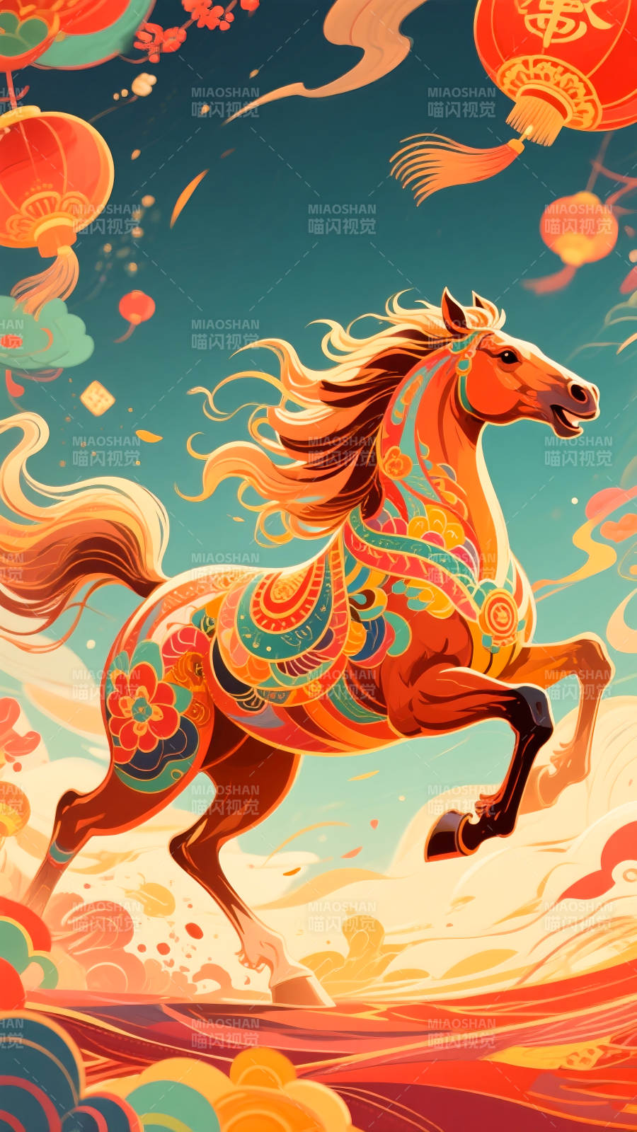 2026年马年国潮插画祥马奔腾迎新春图片