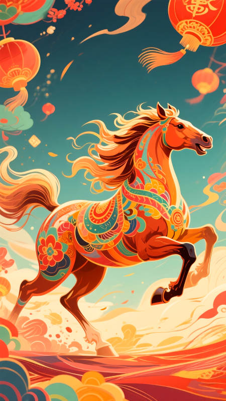 2026年马年国潮插画祥马奔腾迎新春图片