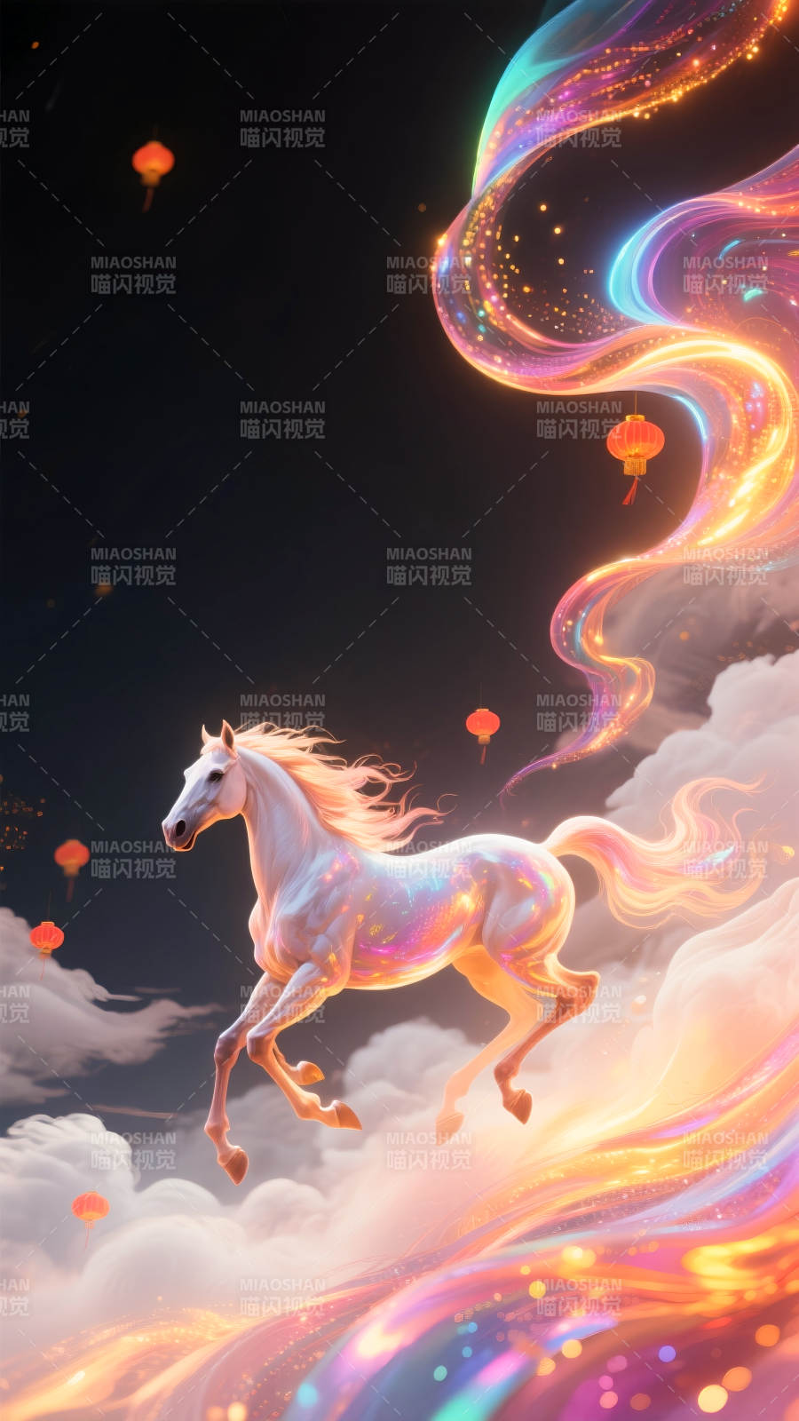 2026年马年国潮插画飞马逐梦夜空图片