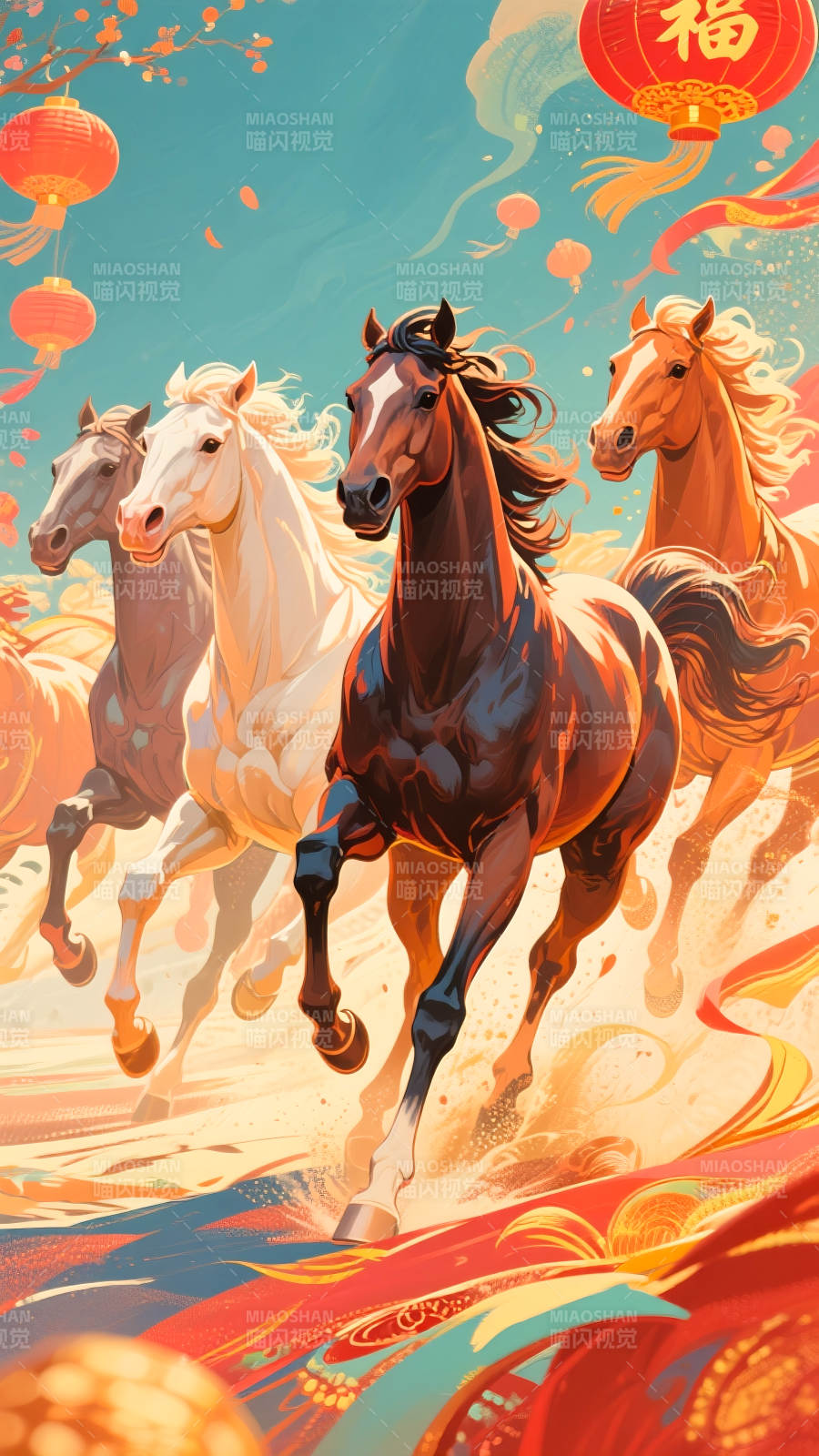2026年马年国潮插画骏马奔腾迎新春图片