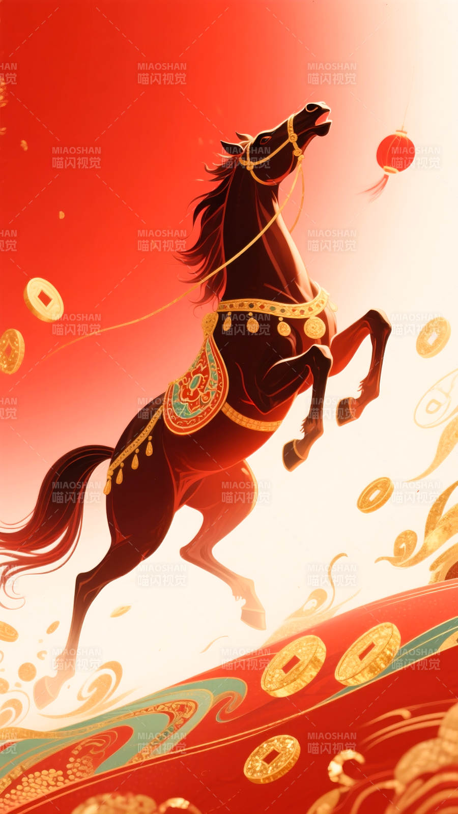 2026年马年国潮插画骏马奔腾迎新春图片