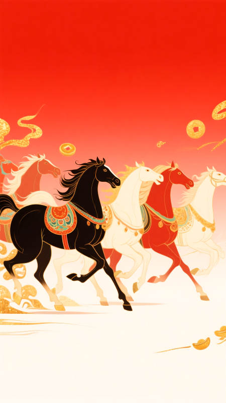 2026年马年国潮插画骏马奔腾迎新春图片
