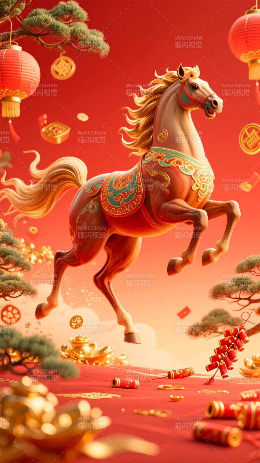 2026年马年国潮插画骏马奔腾迎新春图片