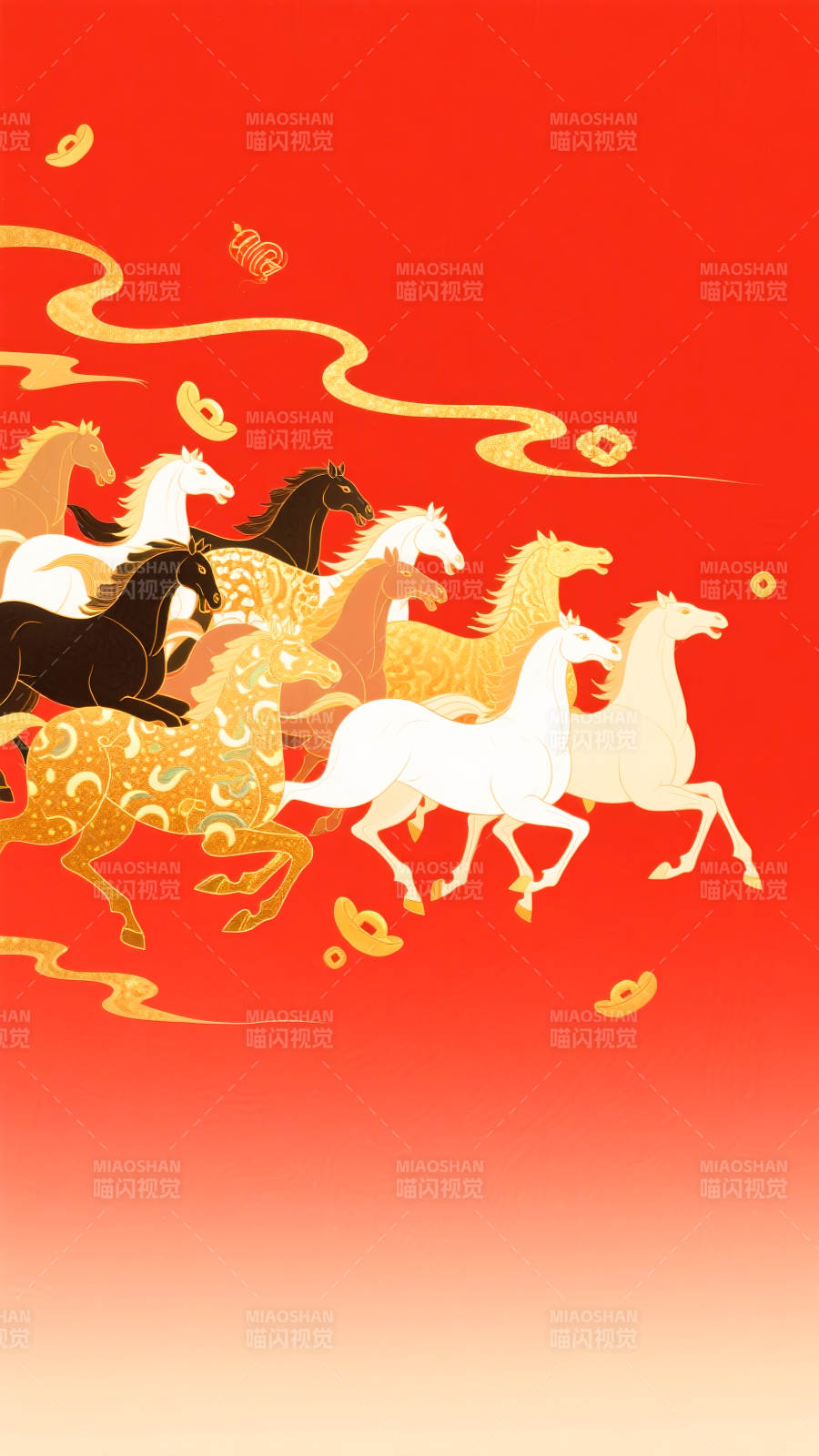 2026年马年国潮插画八骏奔腾图片