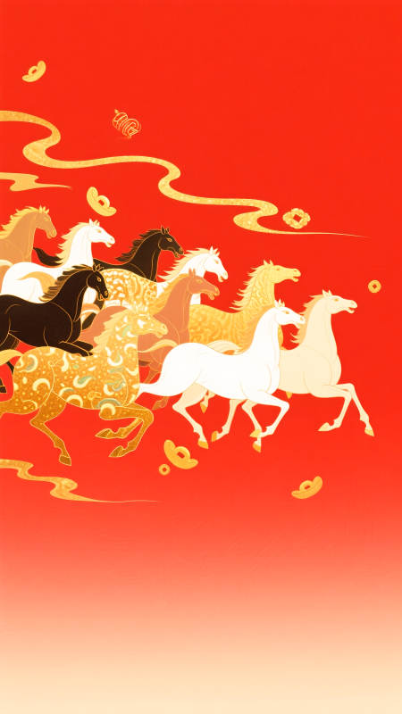 2026年马年国潮插画八骏奔腾图片